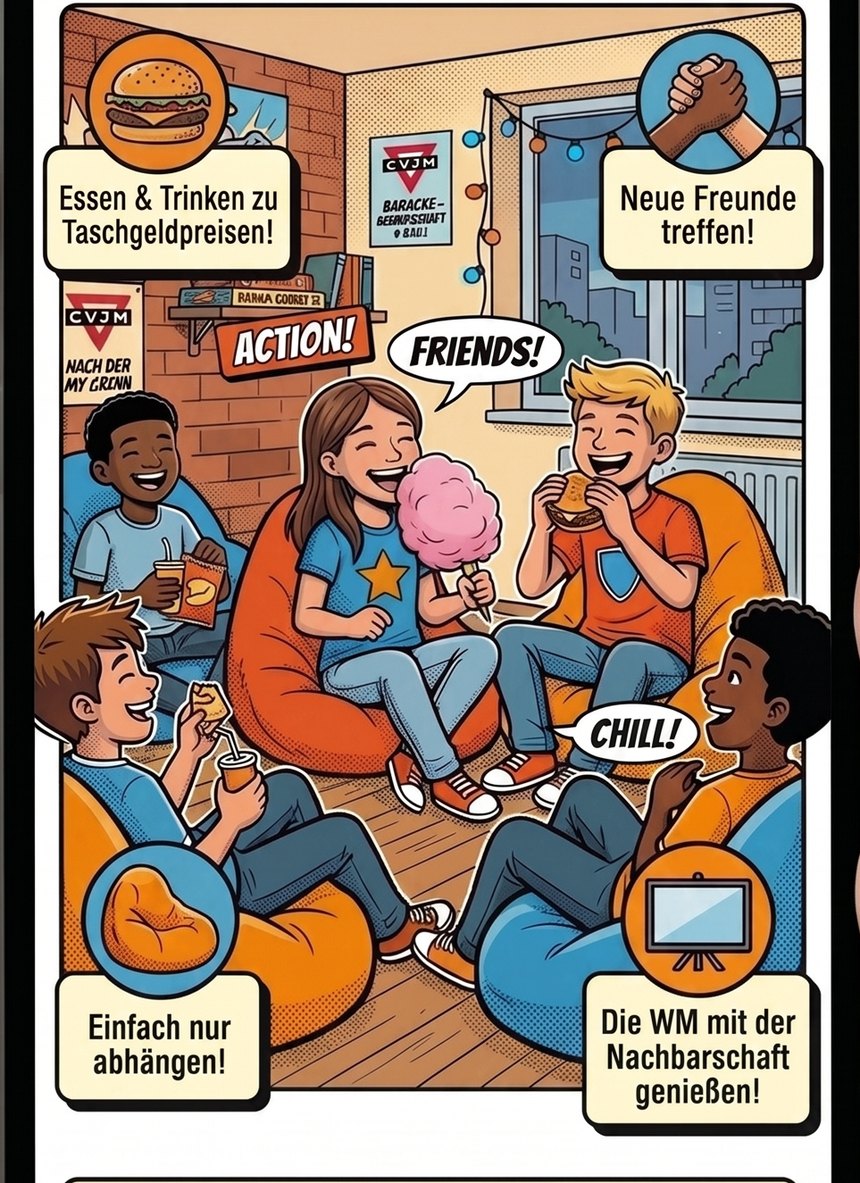 Kinder chillen zusammen auf Sitzsäcken, essen Bratwurst und Zuckerwatte und haben Spaß