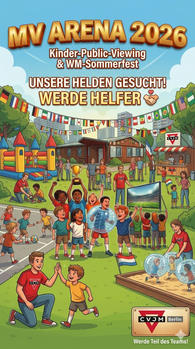 MV Arena 2026 Plakat: Kinder Public Viewing und WM Sommerfest, Helfer gesucht